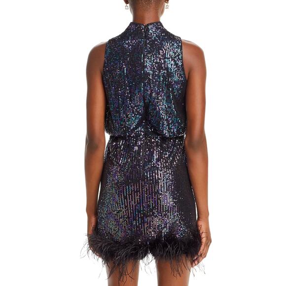 Eliza J Sequined Feather Hem Mini Dress Party Glam Mockneck Sleeveless US 6 NWT - Picture 3 of 13